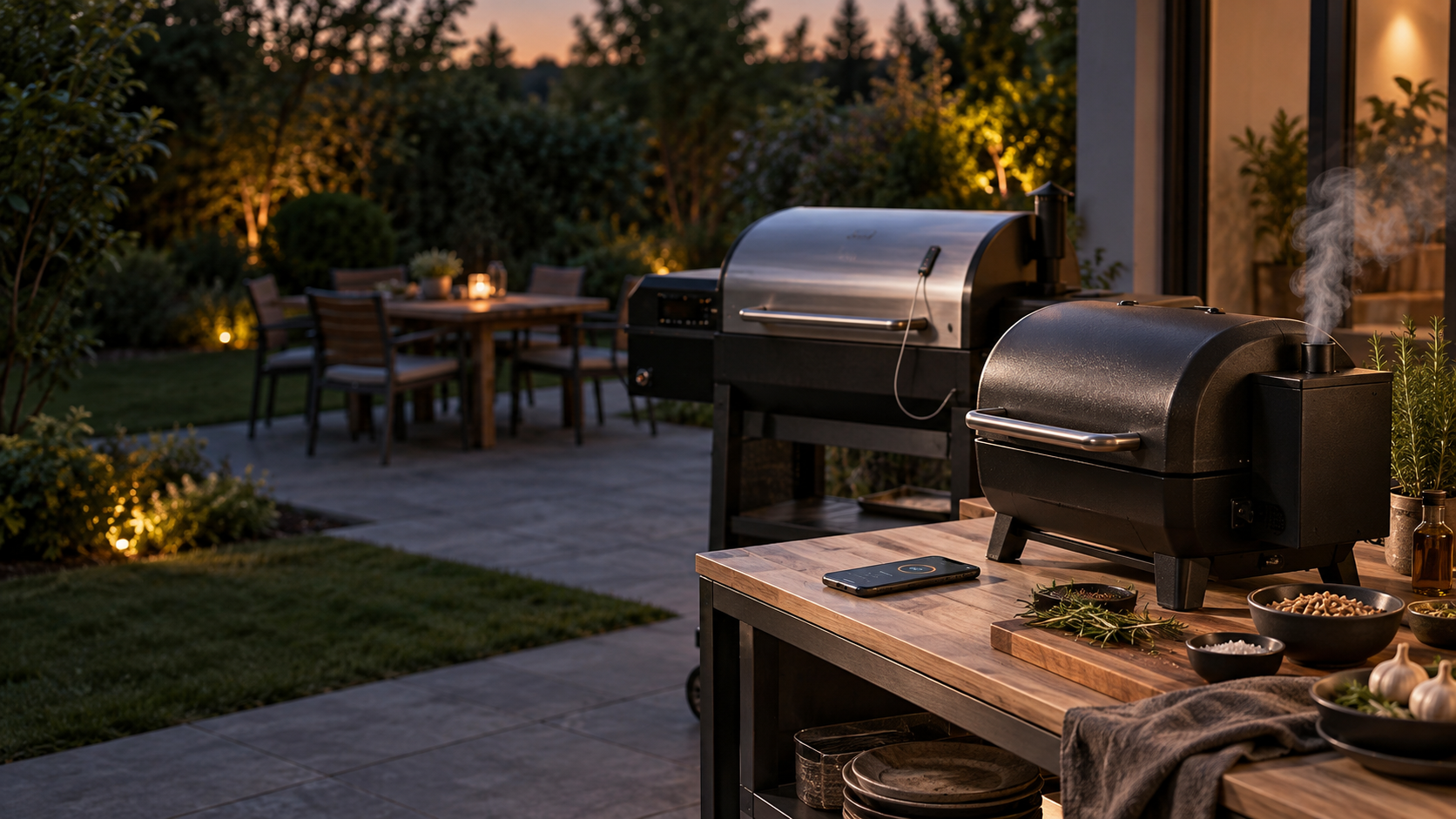Kompakter und großer Elektrogrill mit Smoker-Funktion auf einer Gartenterrasse