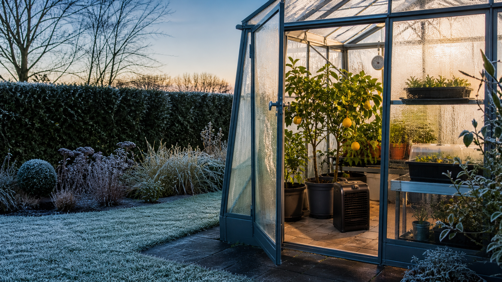 Frostgeschütztes Gewächshaus mit Heizung an einem Wintermorgen
