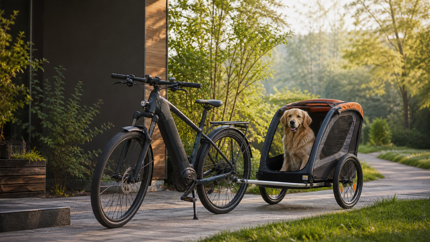 E‑Bike mit sicher angekoppeltem Hundeanhänger für einen großen Hund