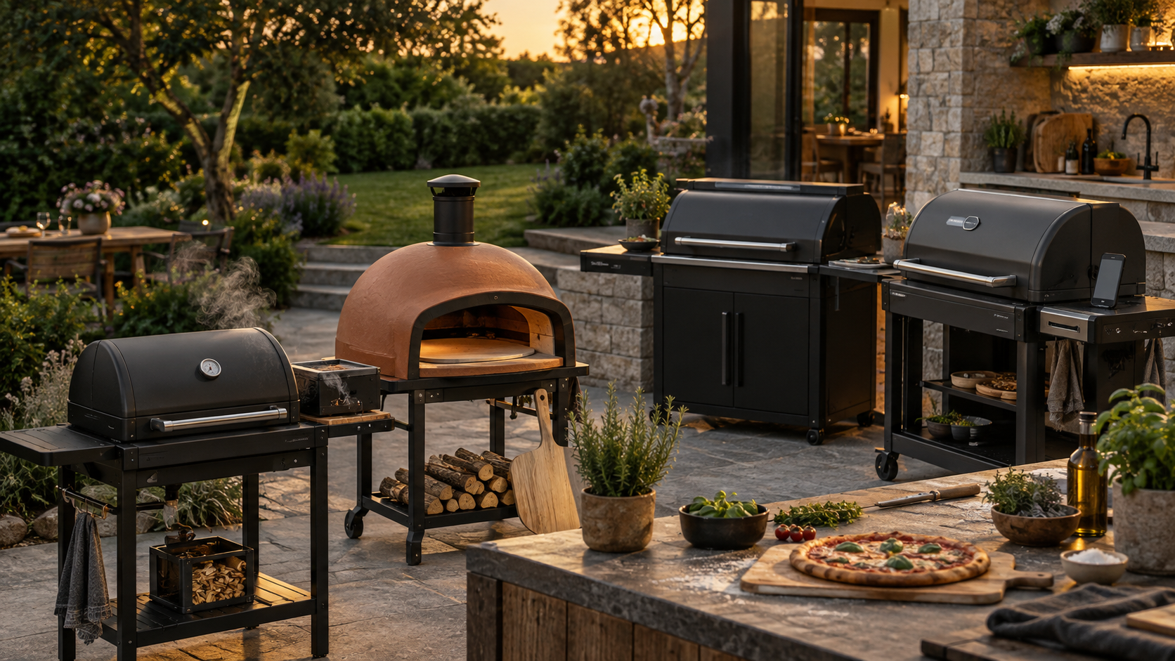 Elektrische Outdoor-Grills und ein Pizzaofen auf einer modernen Gartenterrasse