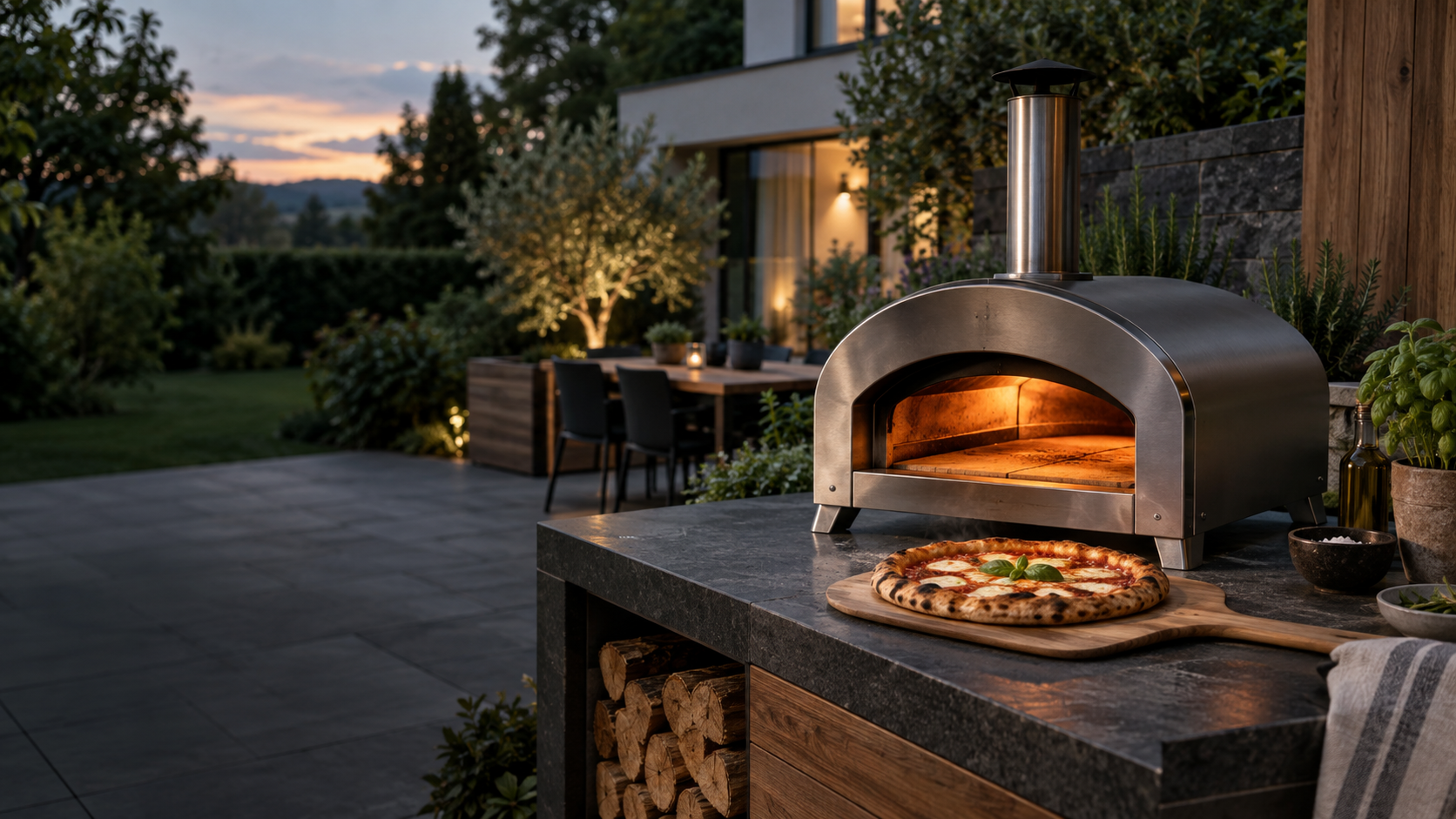Pizzaofen auf einer modernen Outdoor-Küche mit frisch gebackener Pizza